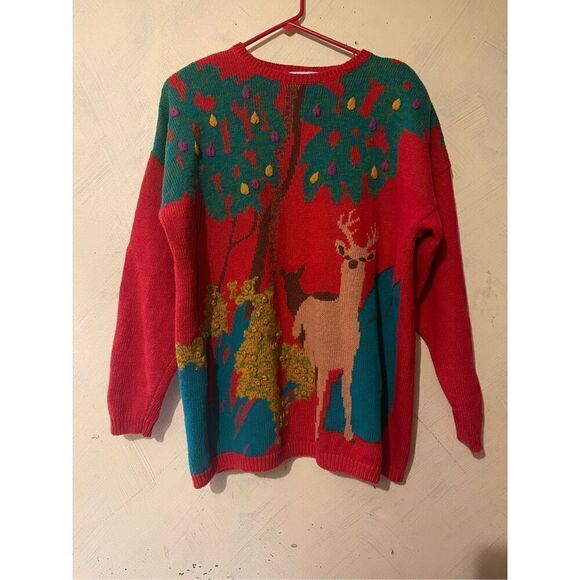 Vintage 90’s Deer Buck Scenic XL Sweater 3D Foilage - Picture 2 of 11